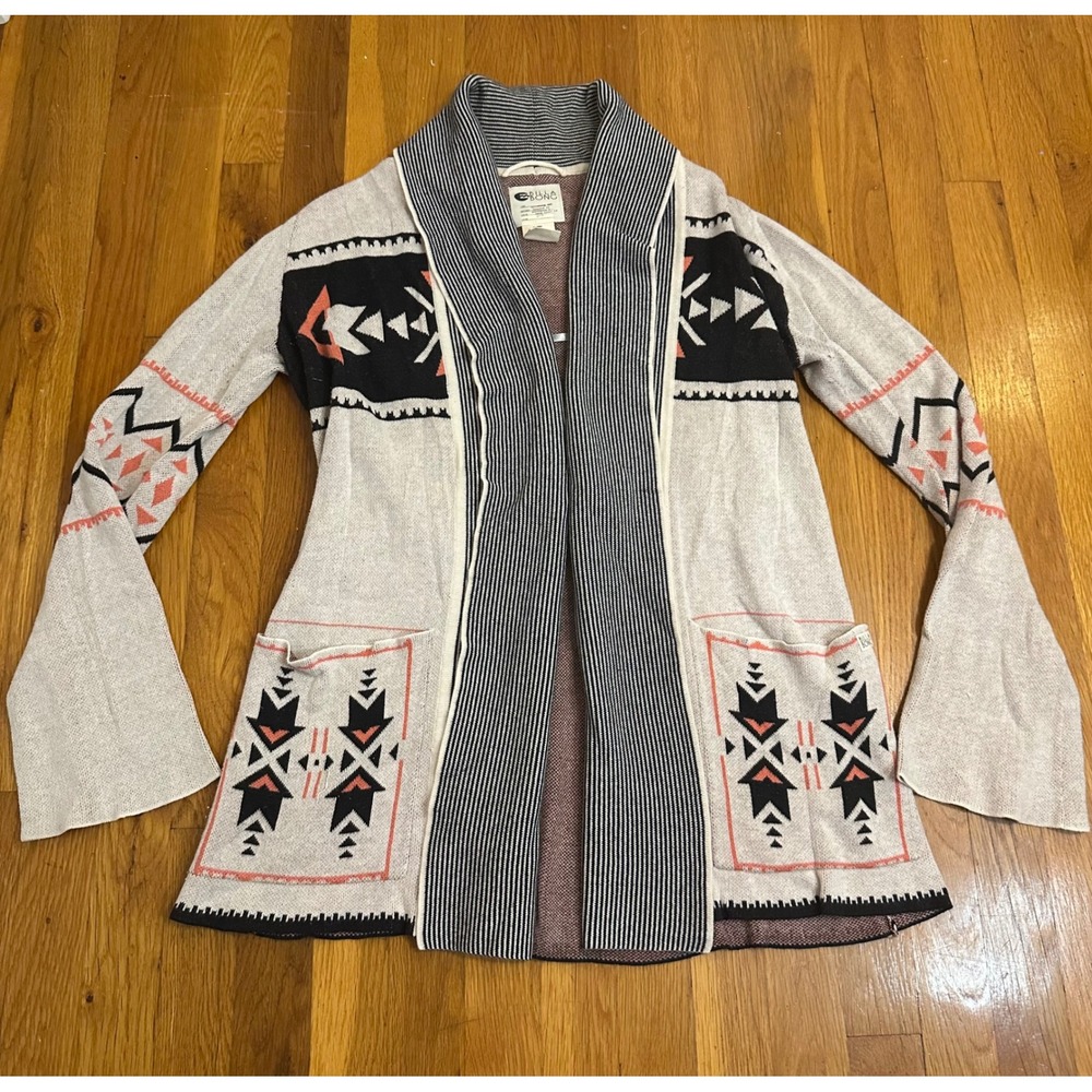Billabong Womens Southwestern Shawl Collar Open Front Cardigan Sweater Cream S